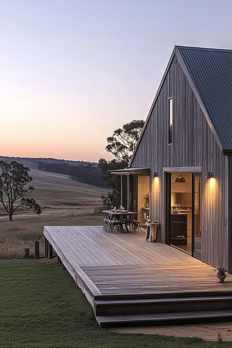 modern barn house with gray timber cladding wooden deck beautiful farmland landscape