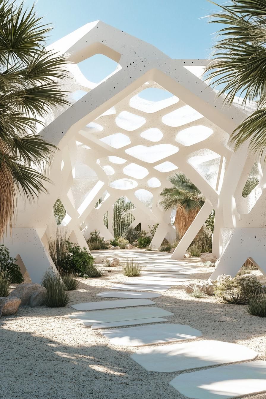 white geometric pavillion in the desert with palms dreamscape design