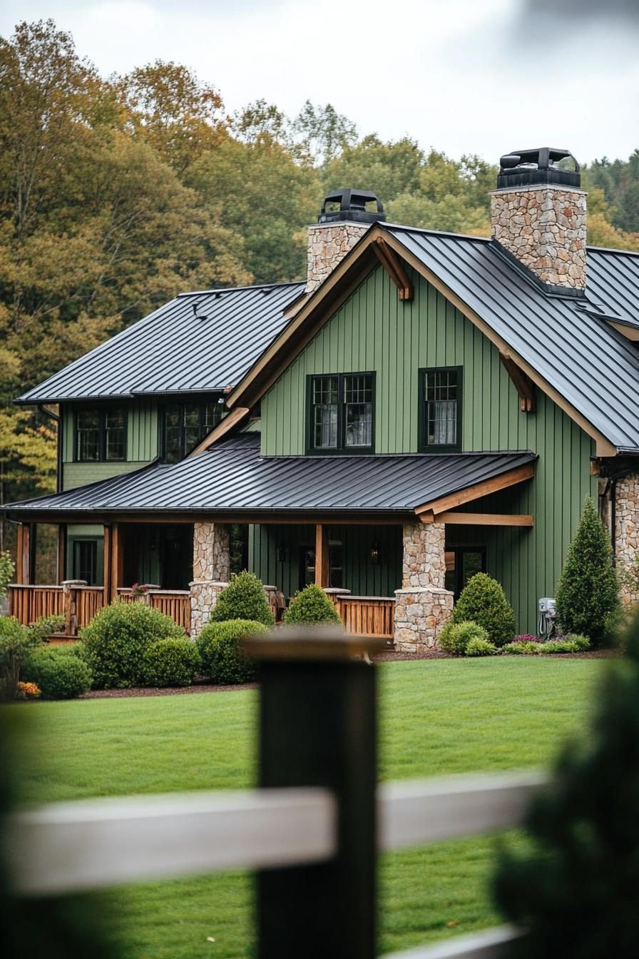 Cozy green home with stone chimneys