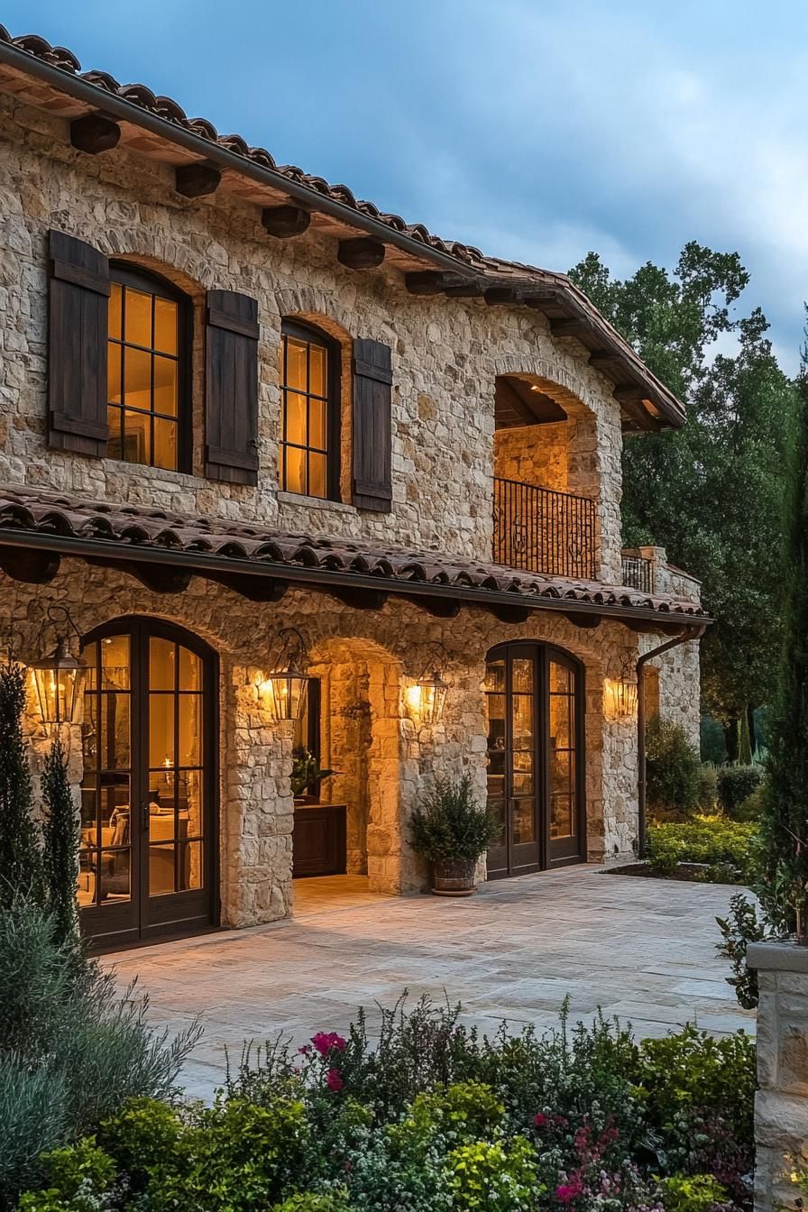 Italian farmhouse with stone facade and warm evening lights