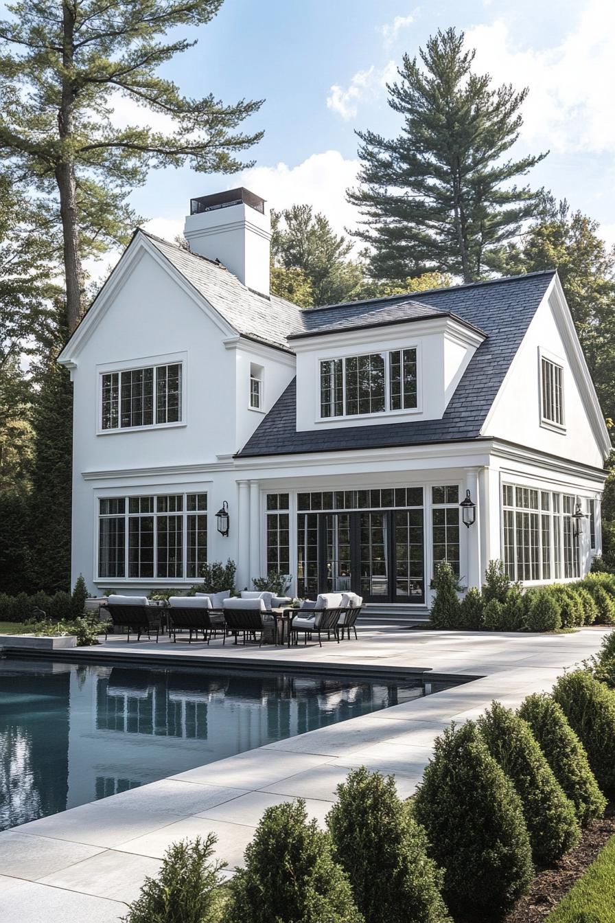 modern white european cottage with large white trim windows paved backyard with a pool geometric shrubs and tall trees 2