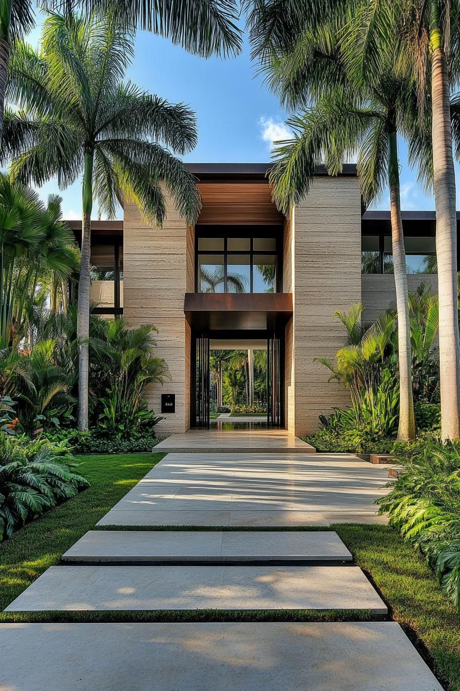 modern concrete villa design with textured siding the main entrace is large square shaped open hall on the far end of the hall the inner courtyard 3