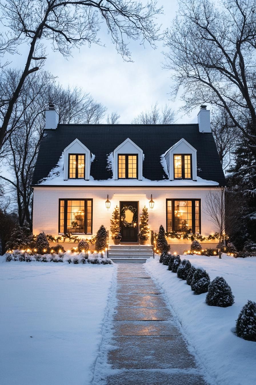 modern french cottage with white facade black roof with dormer windows decorated with string lights large porch decorated with Christmas greenery