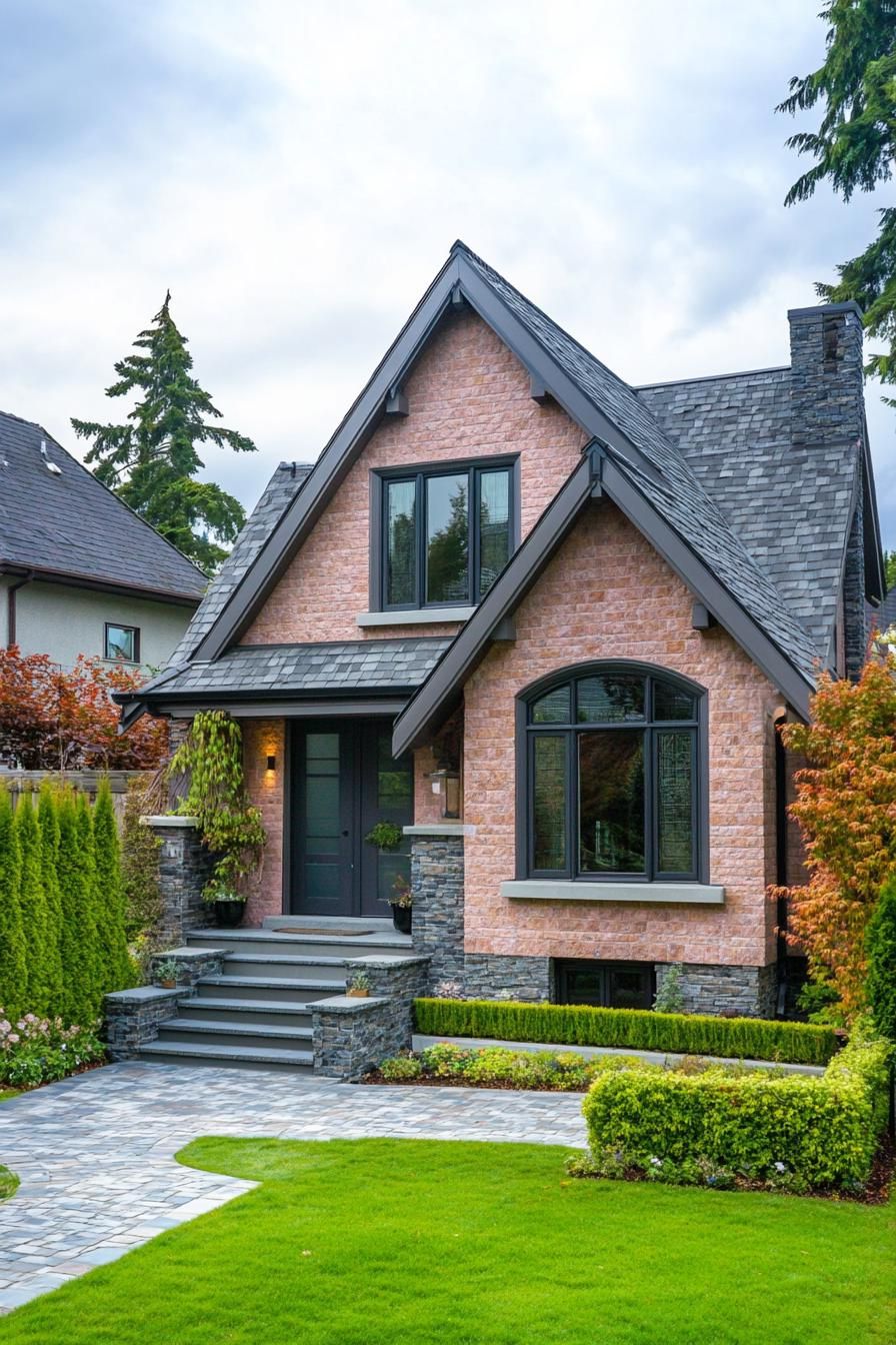 Cozy stone cottage with lush green lawn and trees