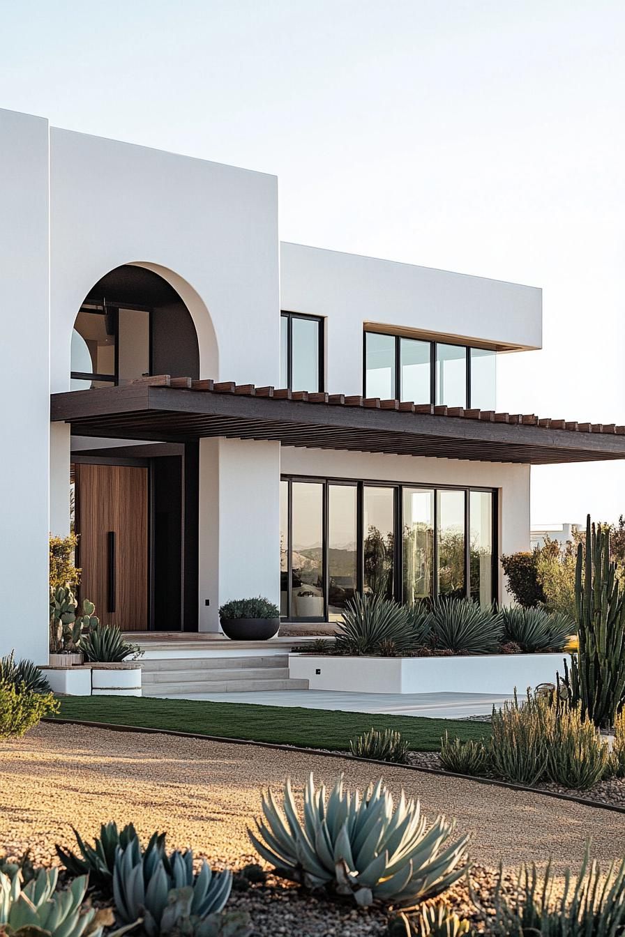 Modern house with white walls, large windows, and desert landscaping