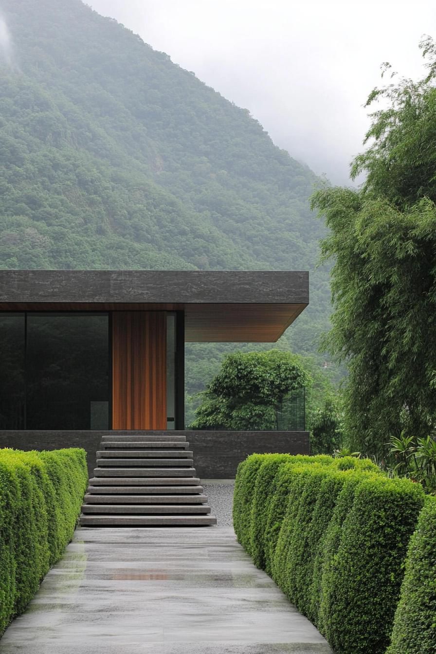 Modern villa with lush greenery and mountain backdrop