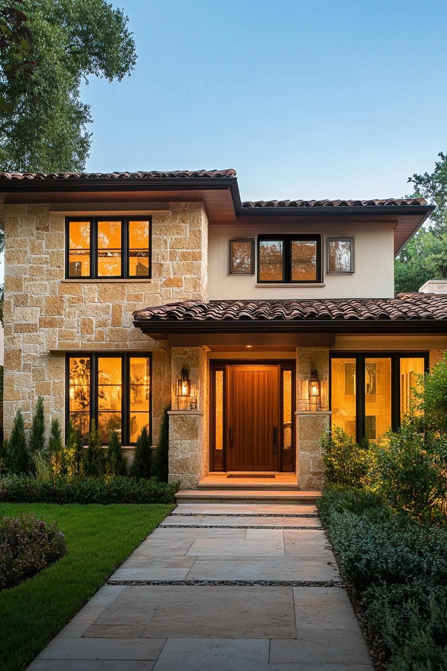 Mediterranean-style house with warm lighting and stone facade