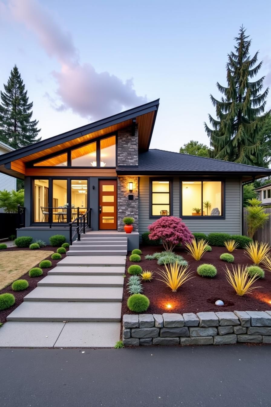 Modern ranch house with illuminated windows and a lush garden