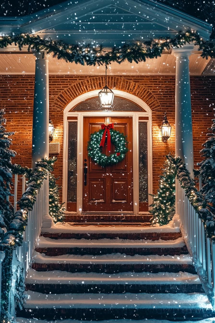 porch of a brick cottage house with white classic columns stairs with railings decorated for christmas with greenery and ribbons string lights the 1