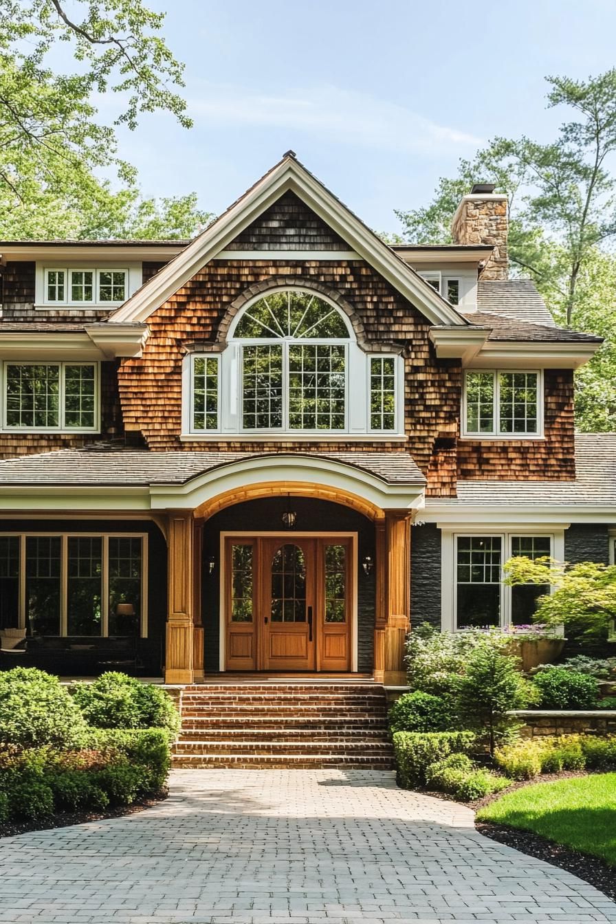 A charming, wooded entrance to a house