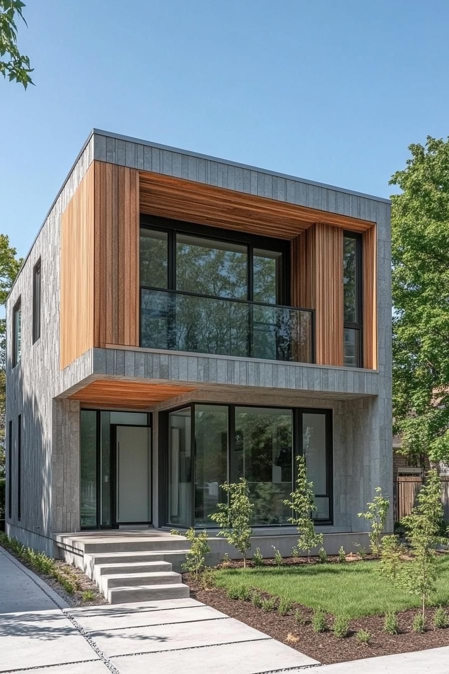 modern cube house with fluted natural wood section windows with small balconies with glass railings grey siding with grey stone siding sections 2