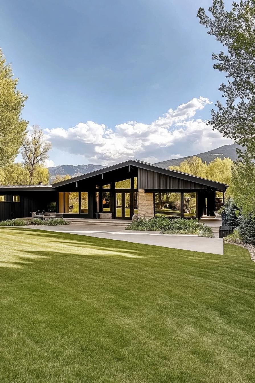 Modern rancher house with large windows and lush lawn