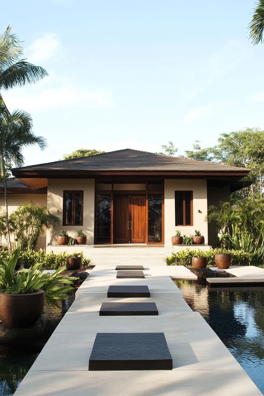 Modern Balinese villa entrance surrounded by lush tropical greenery