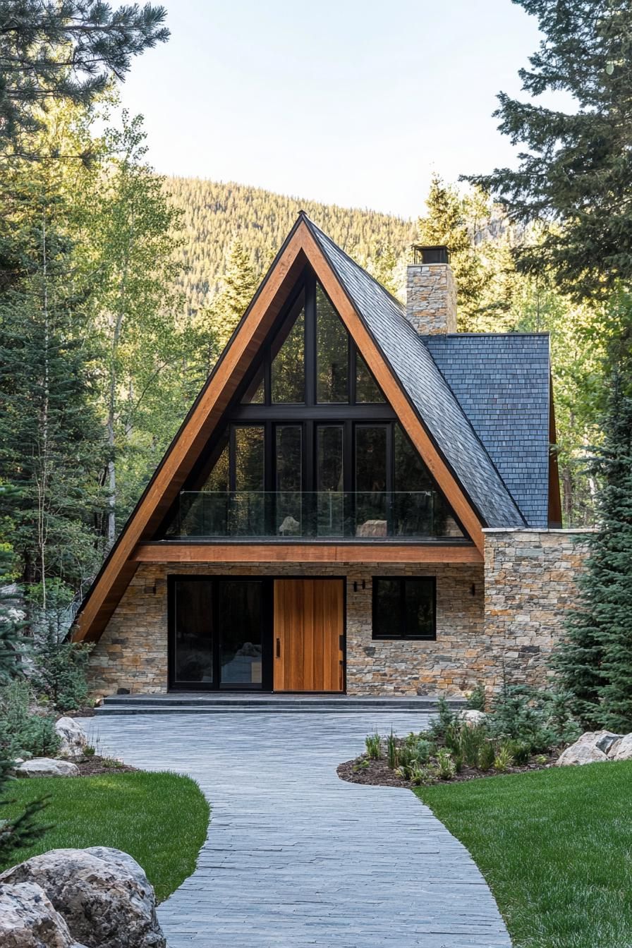 A-frame cabin with stone accents in a lush forest