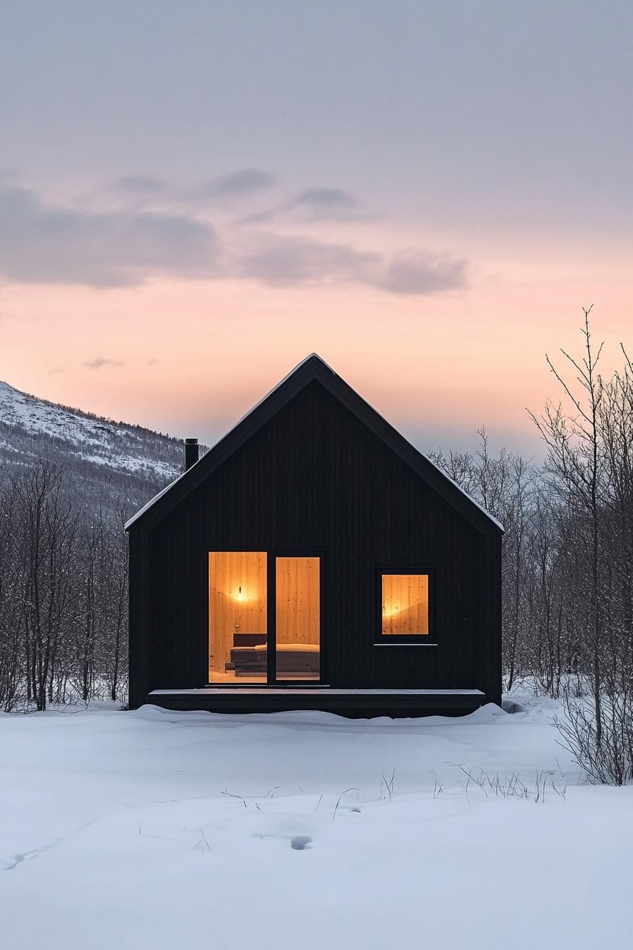 Dark cabin in snowy landscape at twilight with warm interior lights