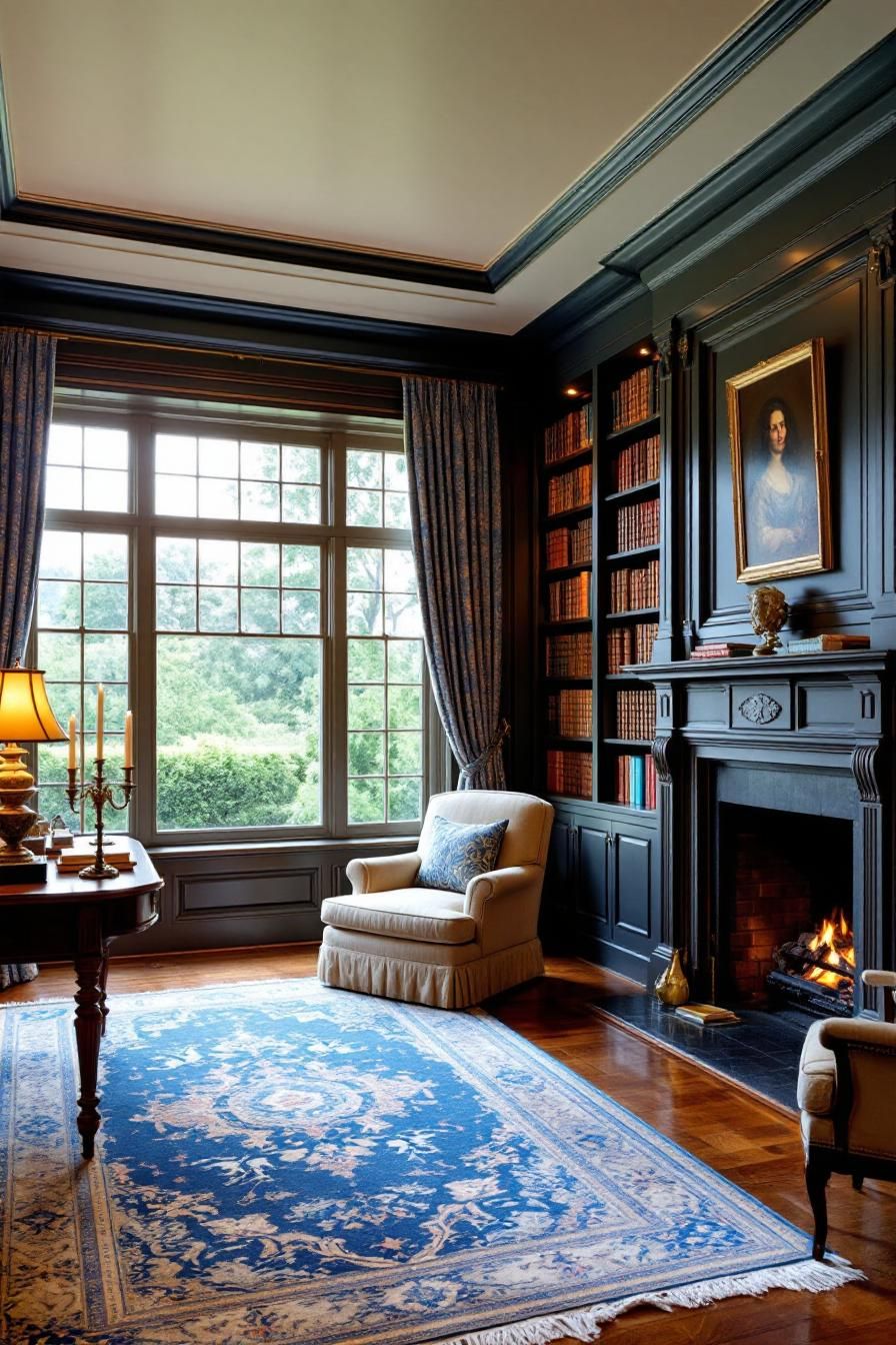 Colonial room with elegant blue rug and large window