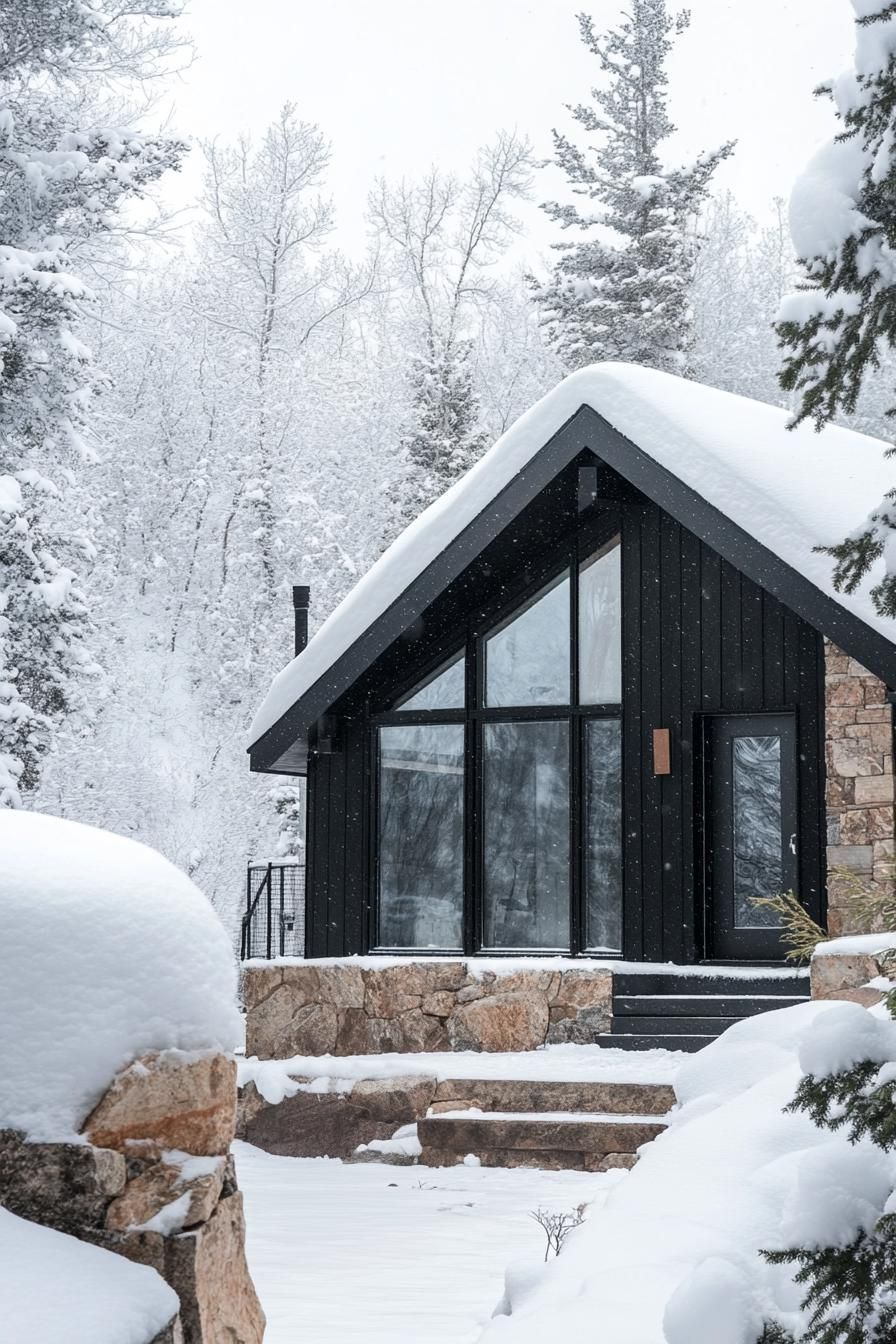 Cozy cabin nestled in snowy woods with large windows