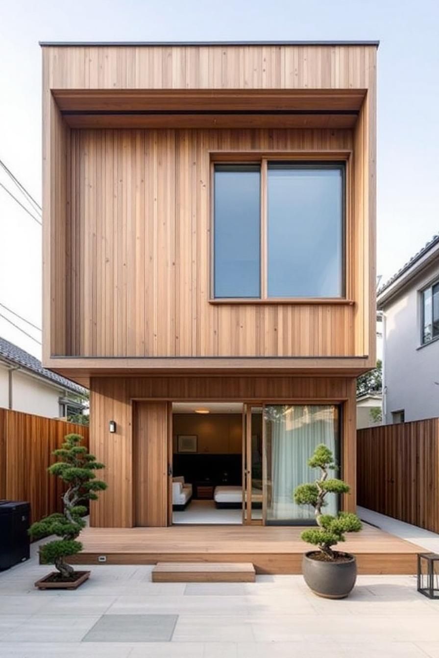 Wooden-walled minimalist house with a sliding glass door and potted bonsai trees