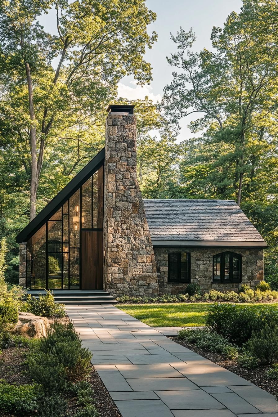 Rustic stone house in a lush forest setting with tall glass windows