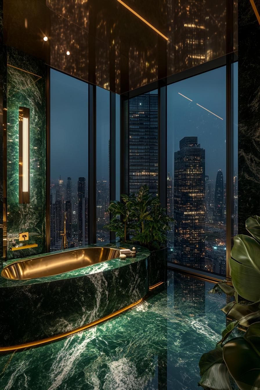 Luxurious bathroom with a city skyline view