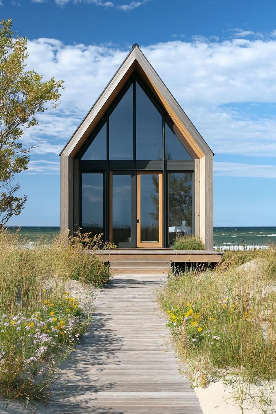 Small A-frame beach house nestled among sand dunes