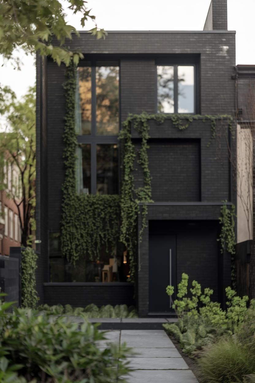 Modern black house with ivy-covered facade