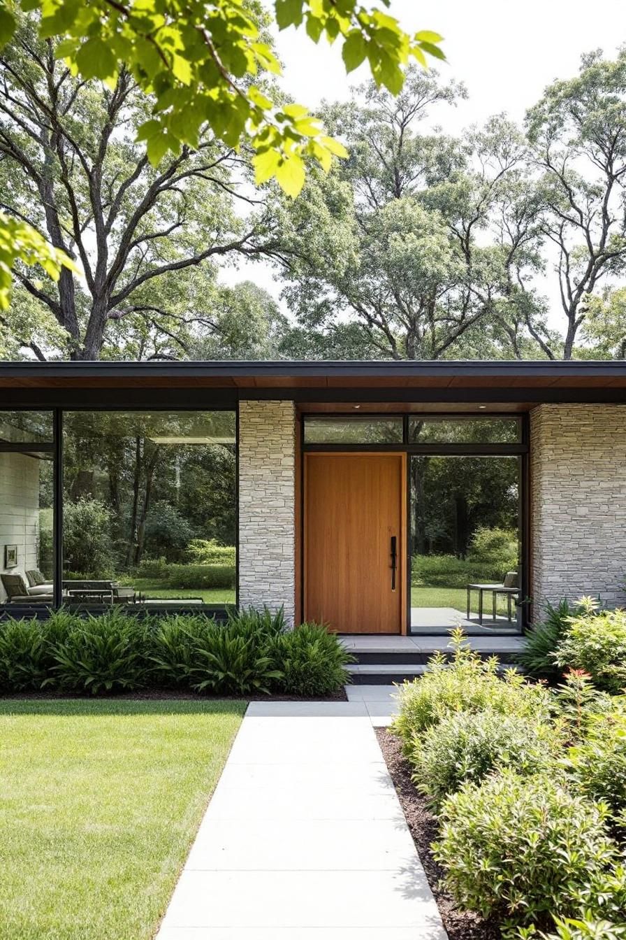 Front view of a mid-century ranch house with large windows and lush greenery