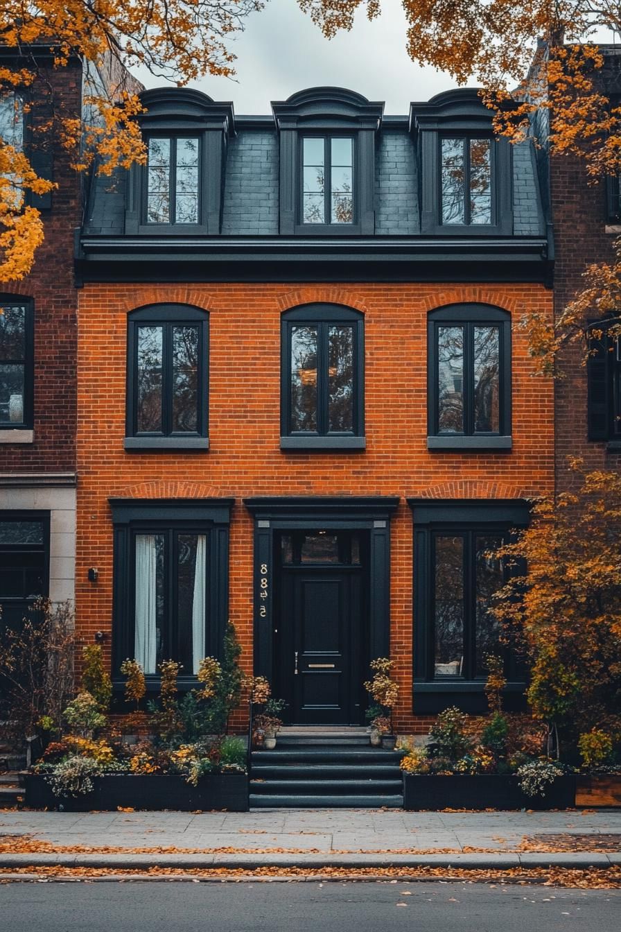 Charming townhouse with black accents and autumnal foliage