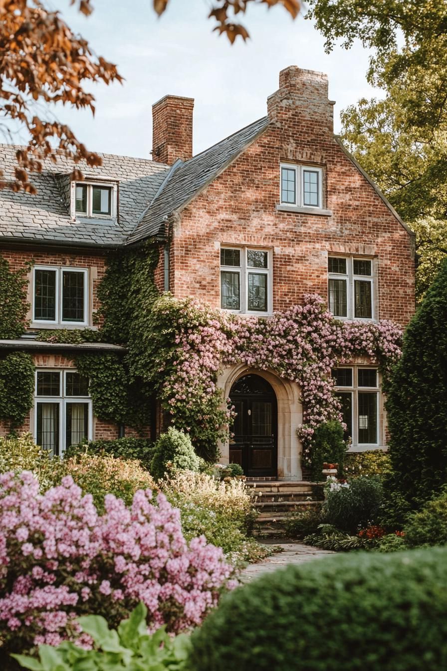 manor house with brick facade with flower vines modern windows roof with gables front yard with blossoming flower garden 1