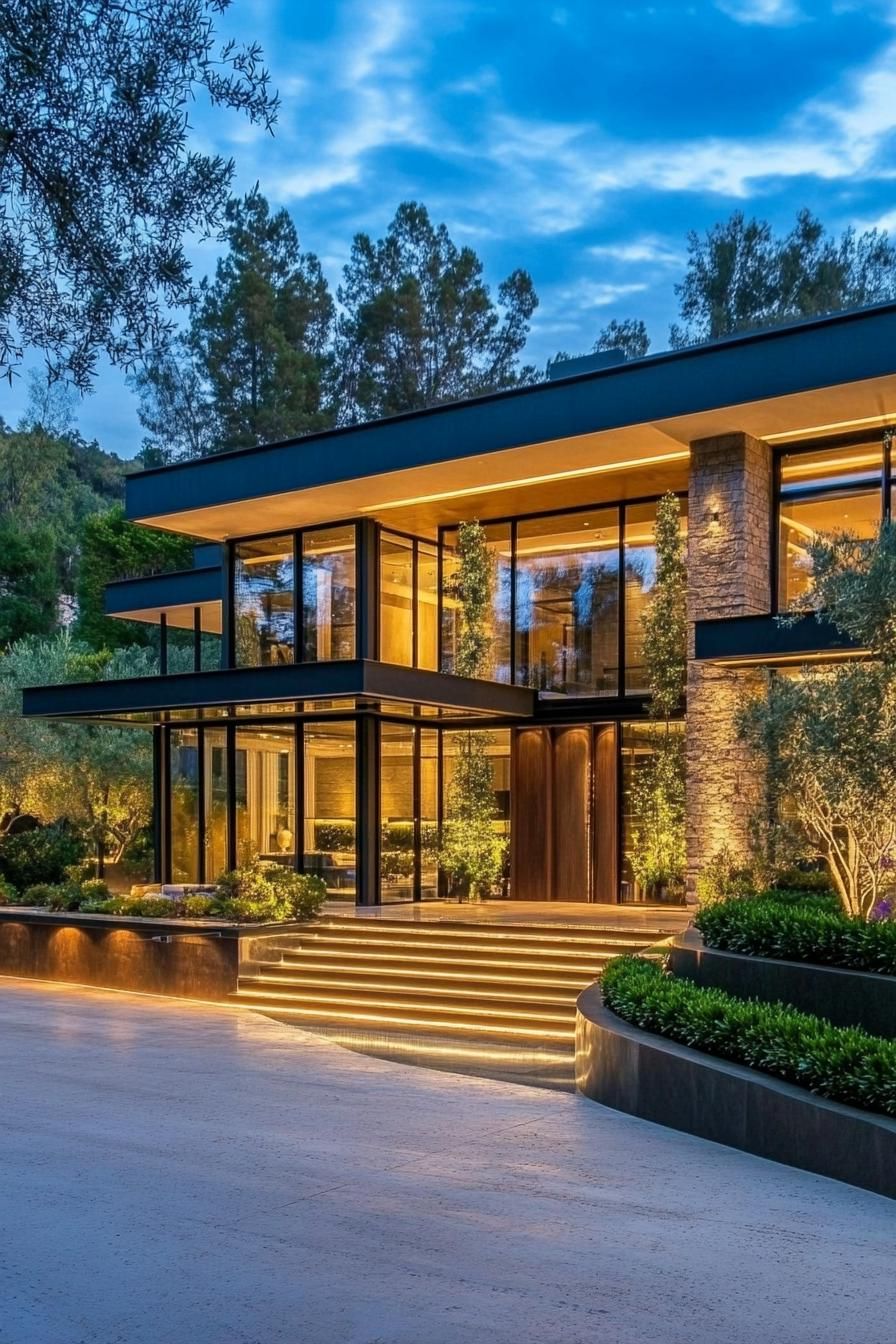 Modern house with illuminated steps and glass facade