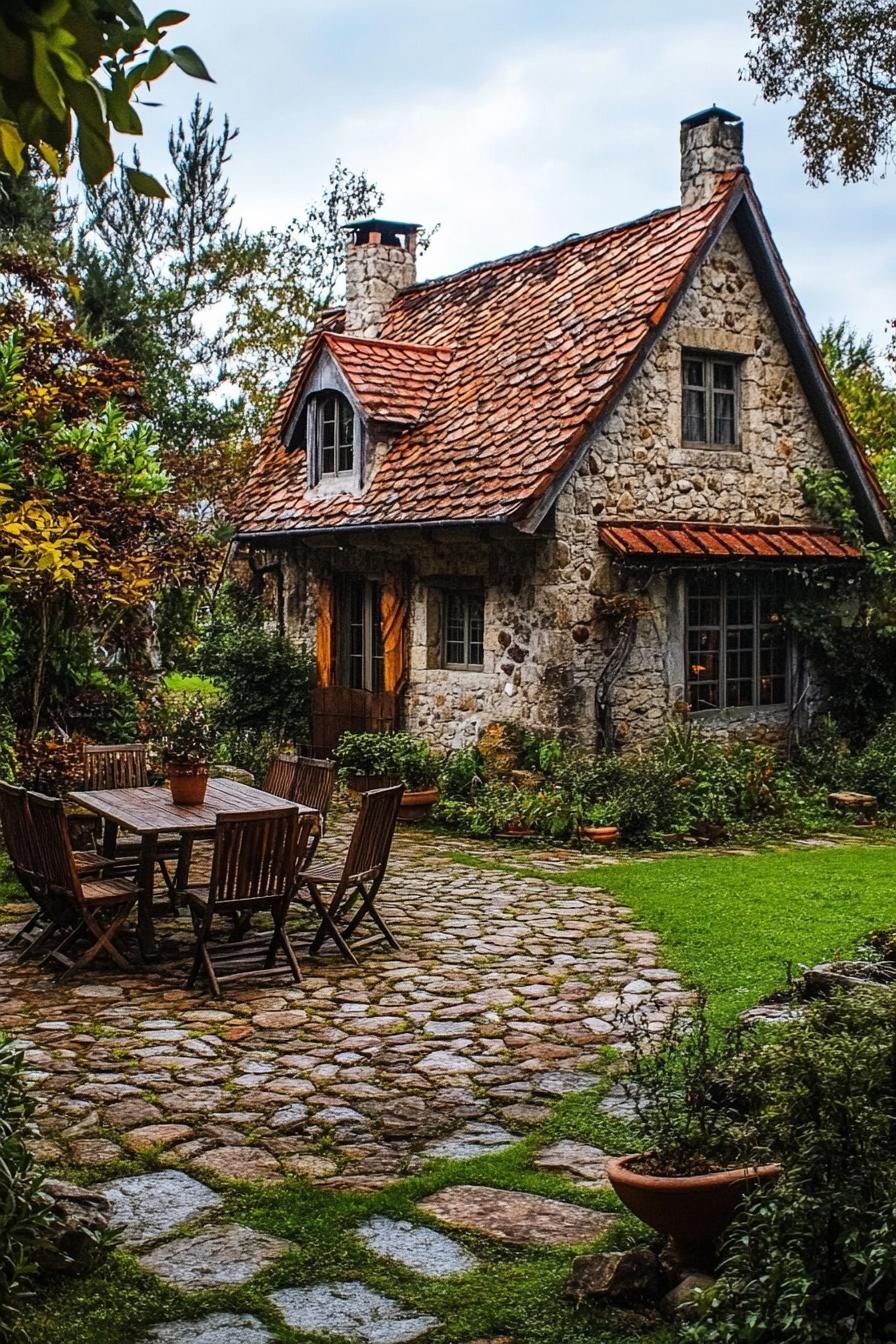 Quaint stone cottage with a wooden patio set