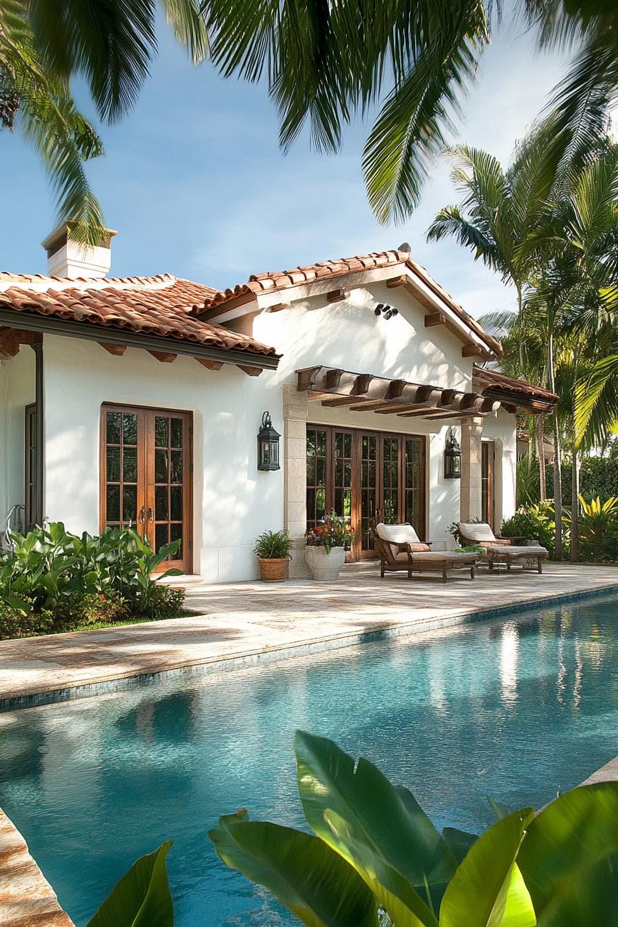 Spanish bungalow with a pool and lush plants