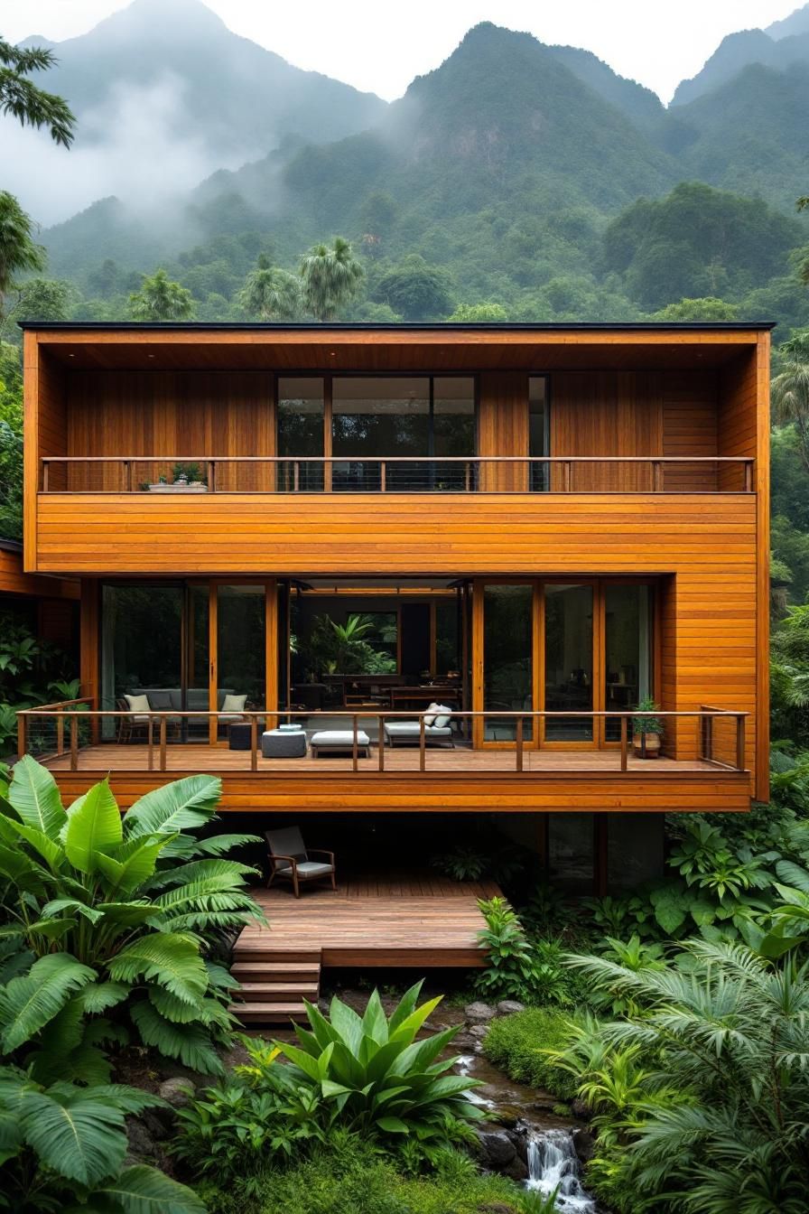 Elegant wooden house nestled among lush greenery