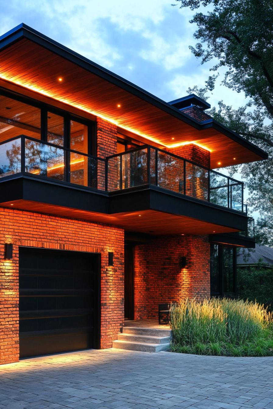 modern villa design with red brick mosaic siding natural wood eaves with LED lighting black metal fence garage with paved driveway balcony with 3