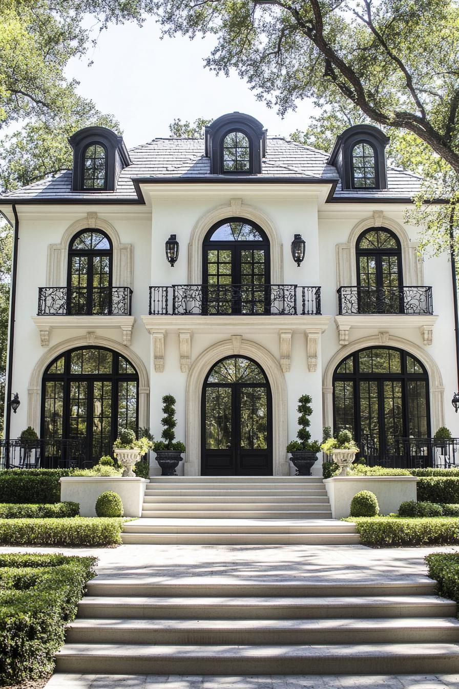 Grand estate with elegant arched windows and balconies