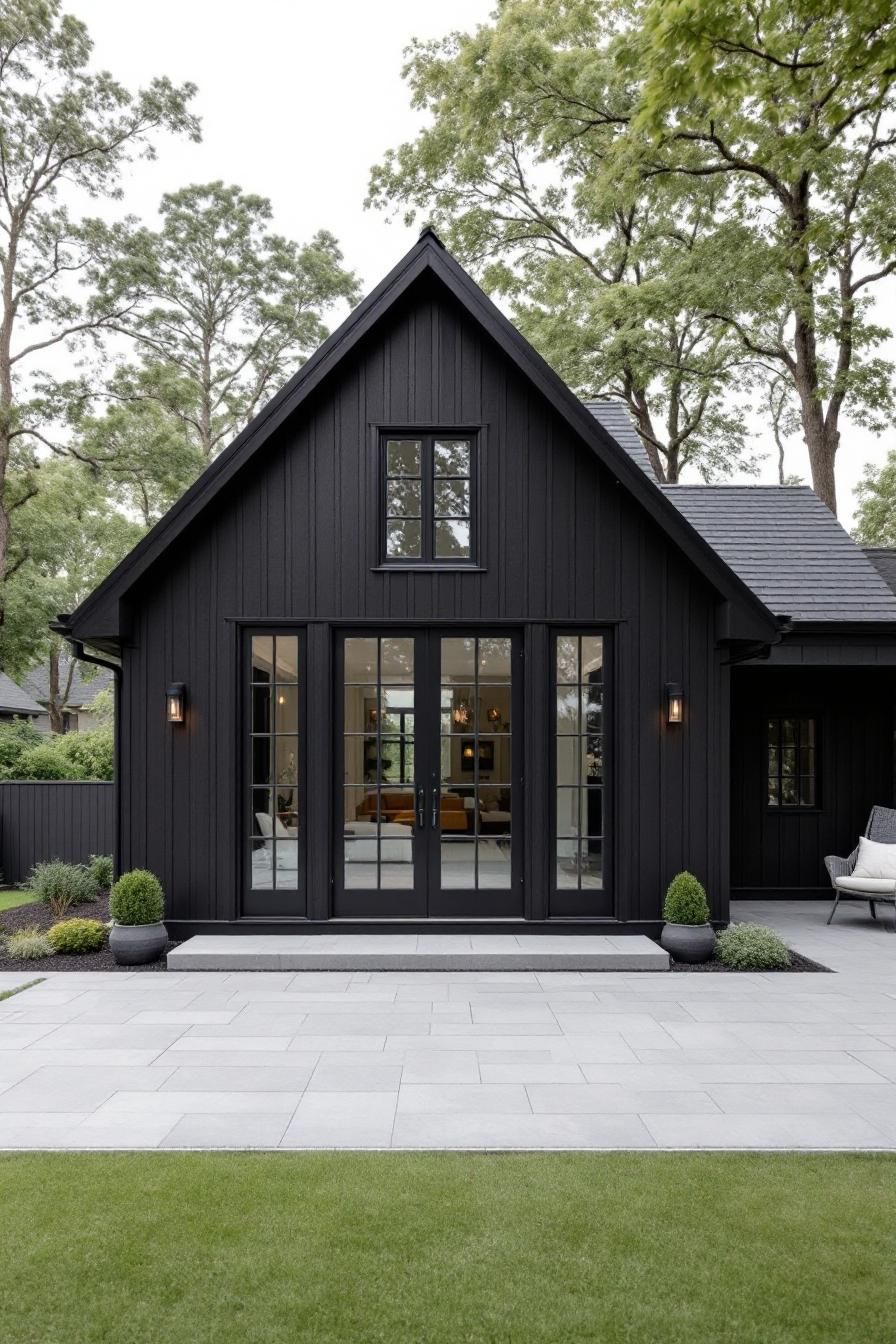 A sleek black house with a gabled roof surrounded by trees