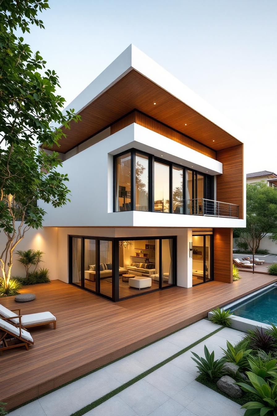 Modern Thai house with angular design and wooden terrace