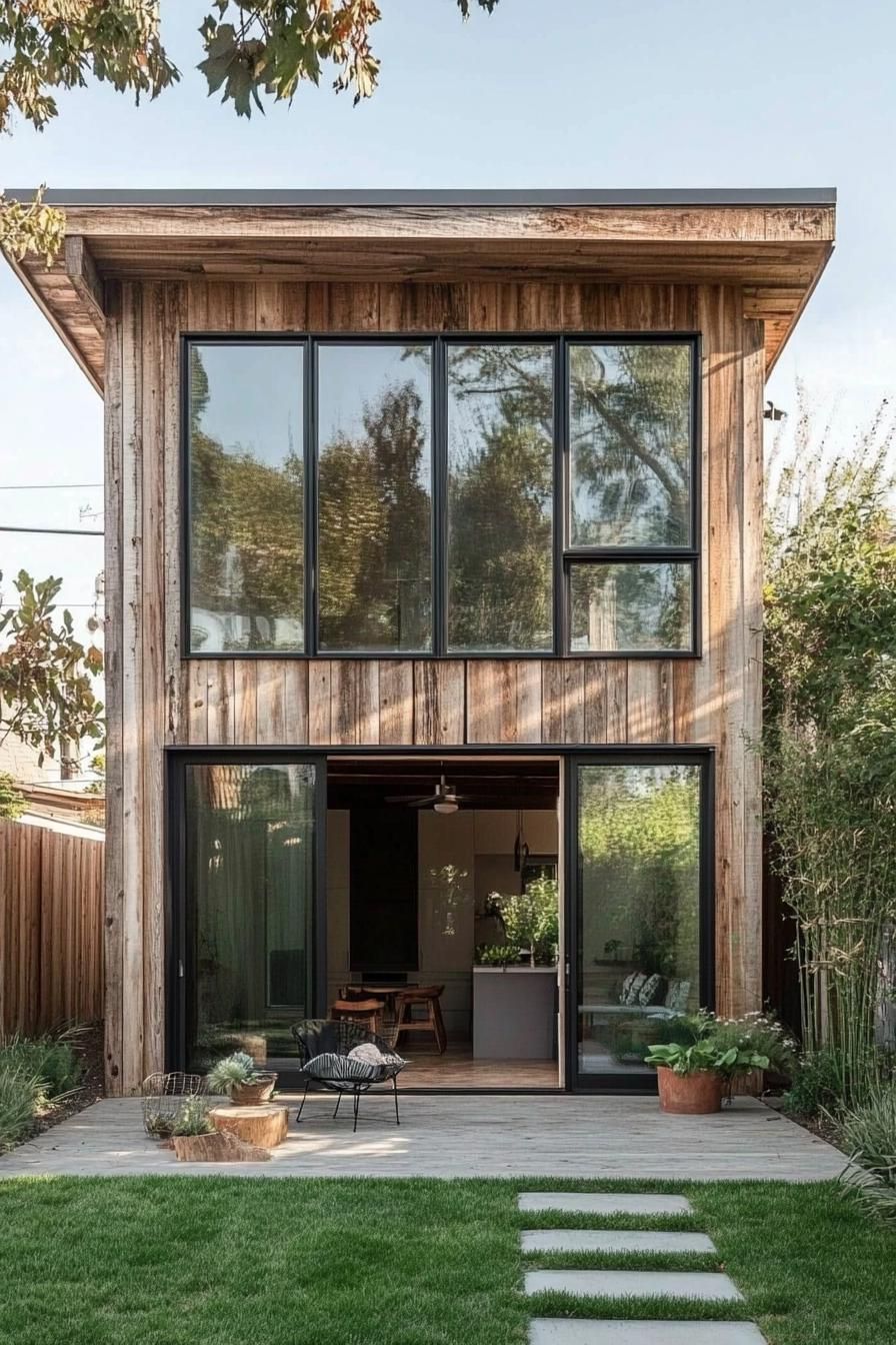 Two-story shed house with large windows and wooden exterior