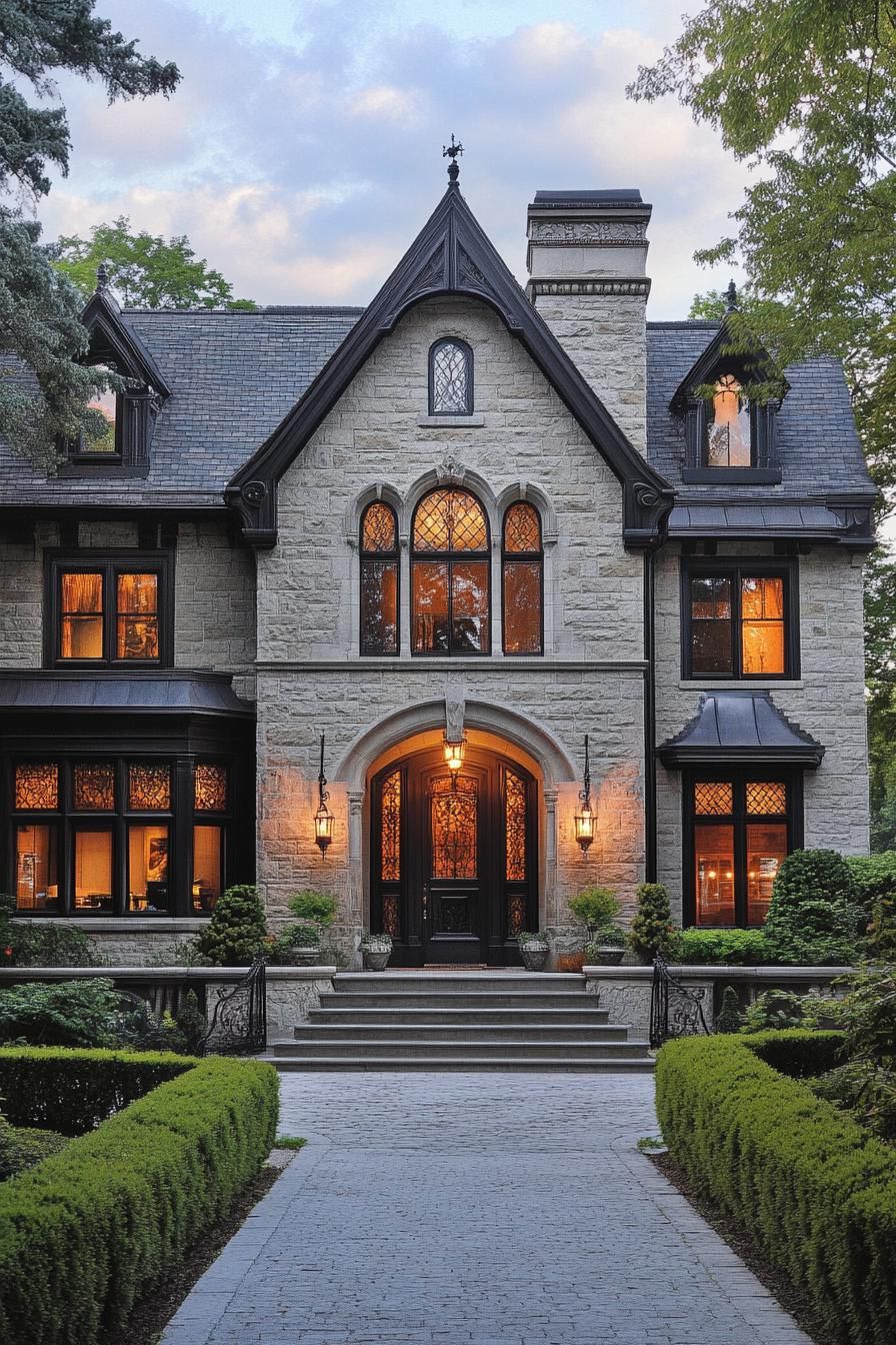 Grand stone manor with lit windows and lush greenery