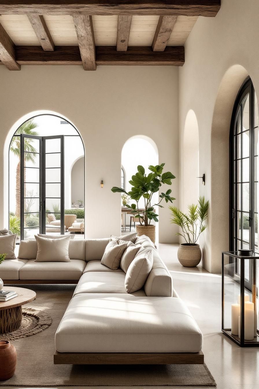 Open living space with arched windows and cozy seating