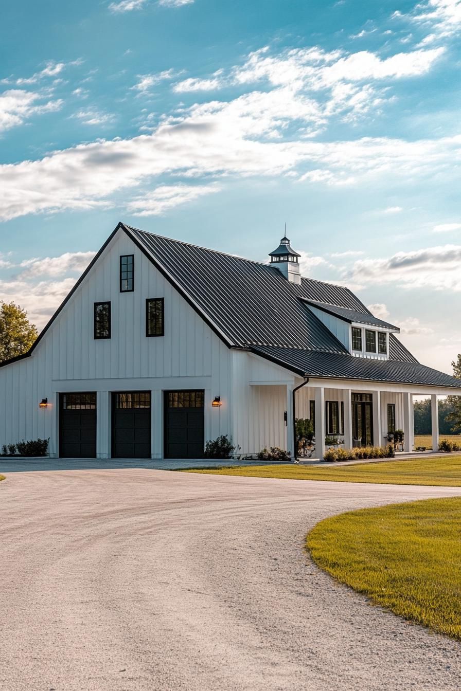 full frontal view of large white shouse barndominium with black roof one side has modern windows and doors the other side has large garage doors 1