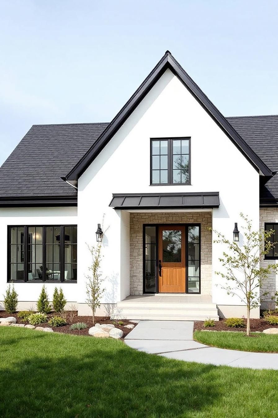 A modern white house with a gable roof and large windows