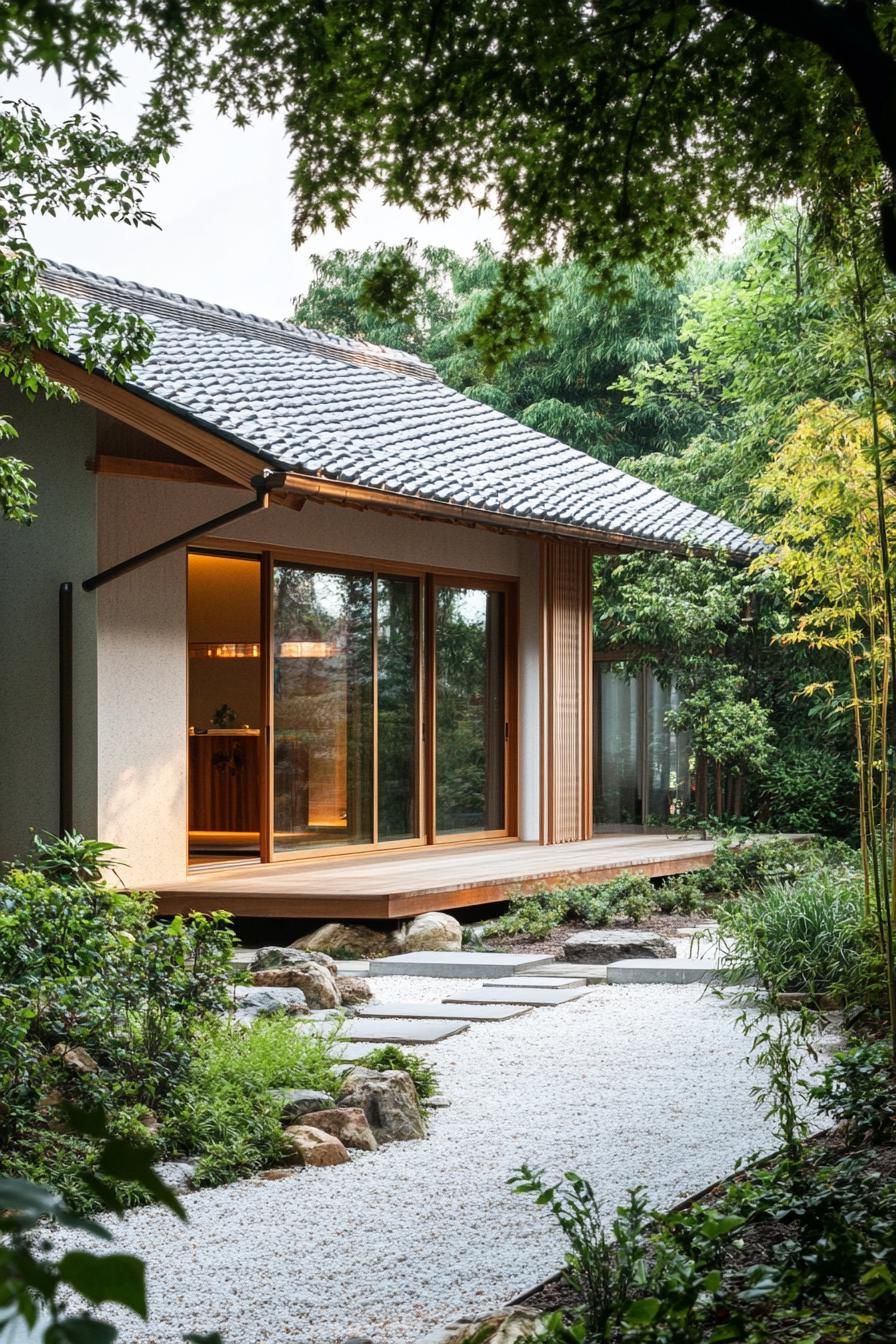 Japanese minimalist house amidst lush greenery with a stone path