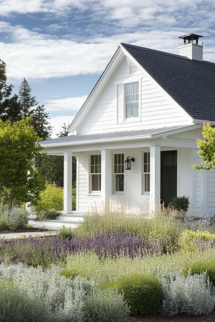 countryside farmhouse cottage in white siding grey roof front porch landscape with geometric shrubs an trees 3