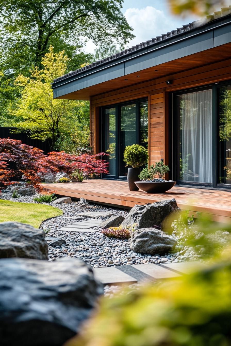 Japanese house with wooden deck and garden elements