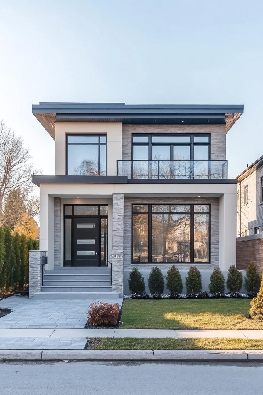 Modern two-story house with large windows and a flat roof