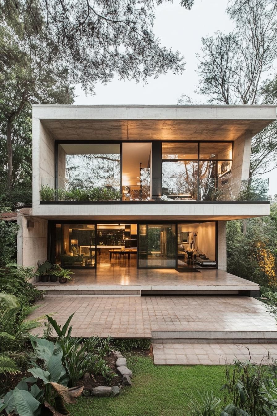 Modern house with large glass windows surrounded by trees