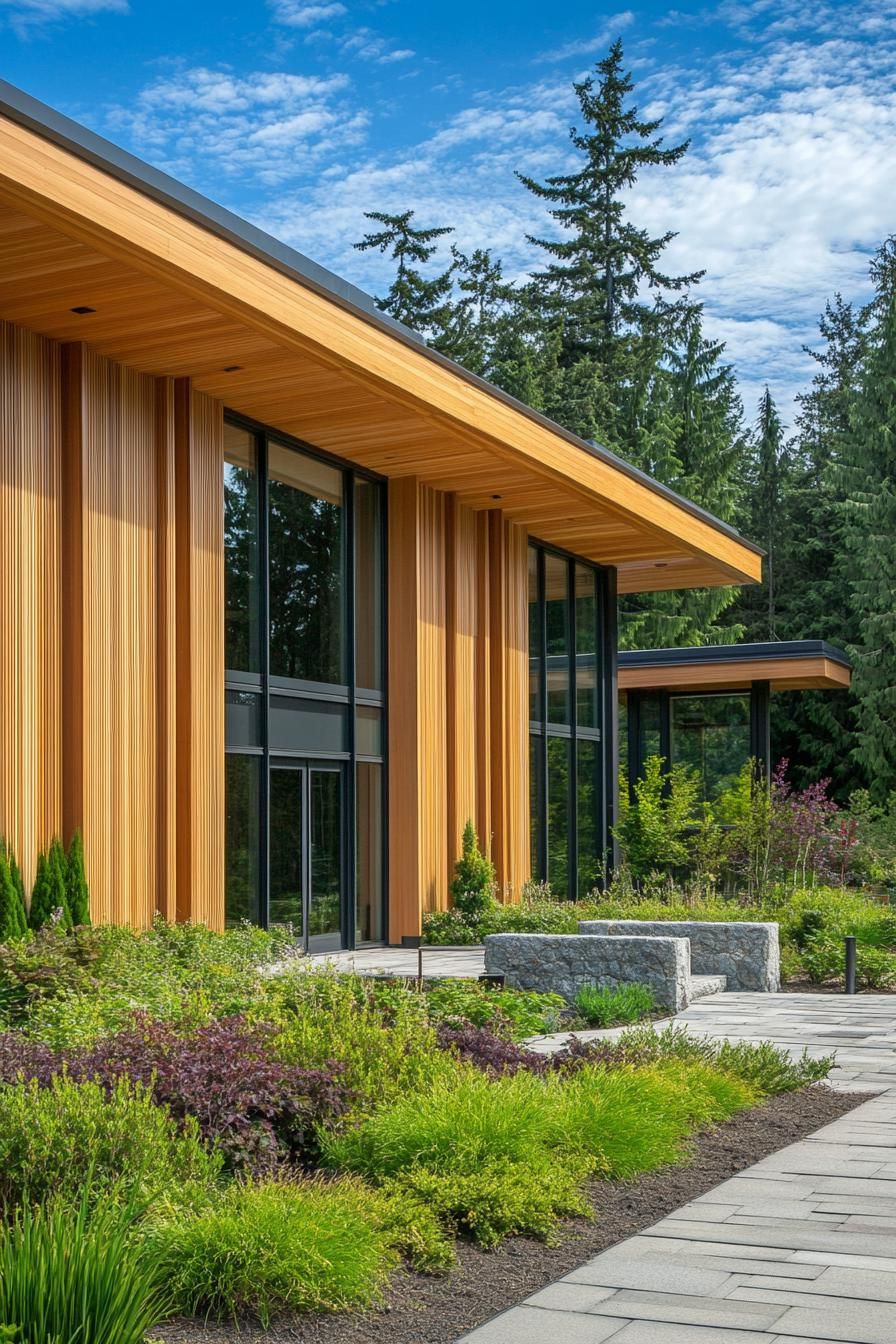 Modern building with vertical wooden panels and lush greenery