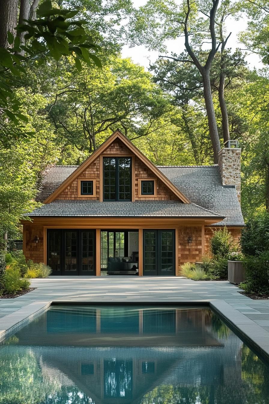 Charming rustic pool house amidst lush trees