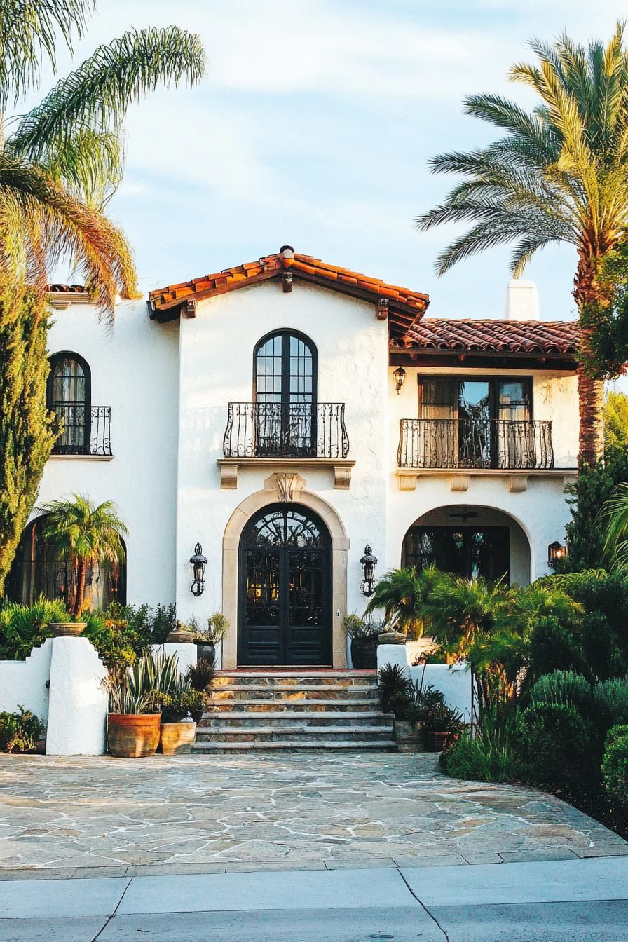 Elegant villa entrance with arches and palm trees